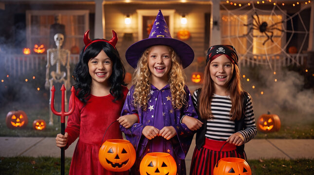 Three girls in devil, witch and pirate costumes carrying pumpkin buckets while trick or treating in an autumn suburban neighborhood on Halloween