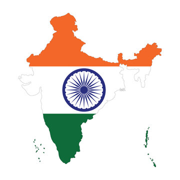 India Map Filled with National Flag Colors and Ashoka Chakra Symbol Isolated on White Background