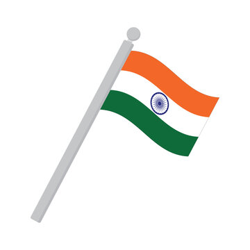 India National Flag Waving on a Slanted Flagpole with Ashoka Chakra Isolated on White Background