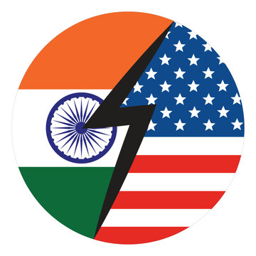 United States and India Combined Circular Flag with Lightning Symbol, American Stars and Stripes and Indian Tricolor