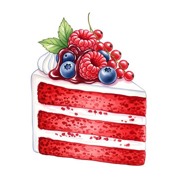 Red Velvet Cake Slice with Berries and Cream, Watercolor Dessert Vector Illustration