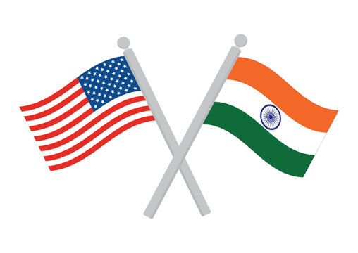 United States and India Crossed Flags on Poles, Waving National Flags Symbolizing Friendship, International Relations and Bilateral Partnership