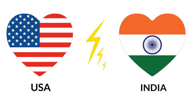 United States and India Friendship Concept with Heart Shaped Flags and Lightning Symbol, American and Indian National Colors