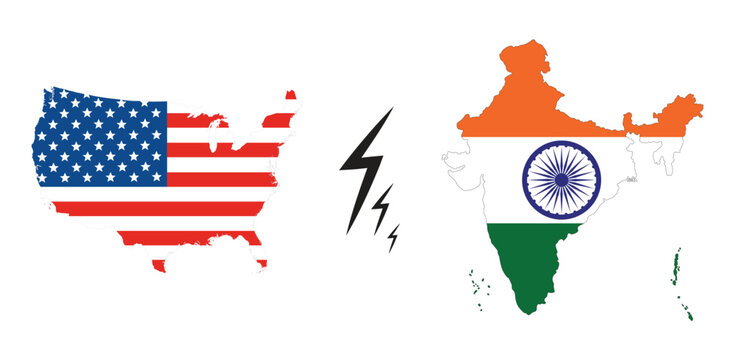 United States and India Map Silhouettes Filled with National Flags and Lightning Symbol, International Relations and Country Comparison Concept