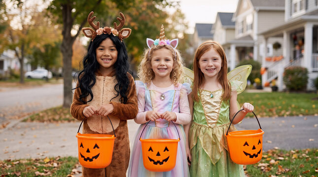 Three girls in reindeer, unicorn and fairy costumes carrying pumpkin buckets while trick or treating in an autumn suburban neighborhood on Halloween