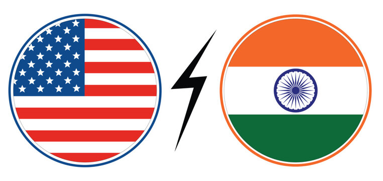 United States and India National Flags in Circular Emblems with Lightning Symbol, American and Indian Flag Comparison Concept