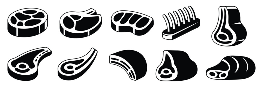 Steak Doneness Icon Set, meat cooking levels, blue rare, rare, medium, well done, beef steak symbols, food preparation, vector