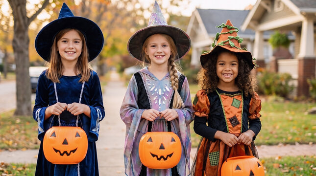 Three girls in blue witch, fairy and pumpkin costumes carrying Halloween pumpkin buckets while trick or treating in an autumn suburban neighborhood