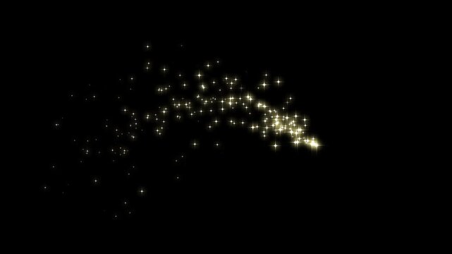 Sparkling glitter star dust line glowing fairy trail animation, shiny doodle particle swirl, glowing doodle stars, luxury starlight transition on black background. 4k animison
