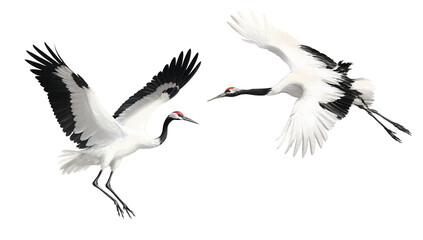 Obraz premium Pair of Crane Birds, Japanese Red Crowned Crane Flying, Detailed Colored Pencil Illustration Isolated, Pastel Isolated Bird, Ornithology Art