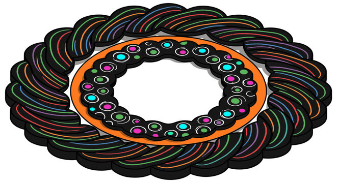 twisted braided rope border circular frame concentric rings colorful rainbow striped segments layered swirl circles dark trim perspective angle psychedelic linocut screenprint relief
