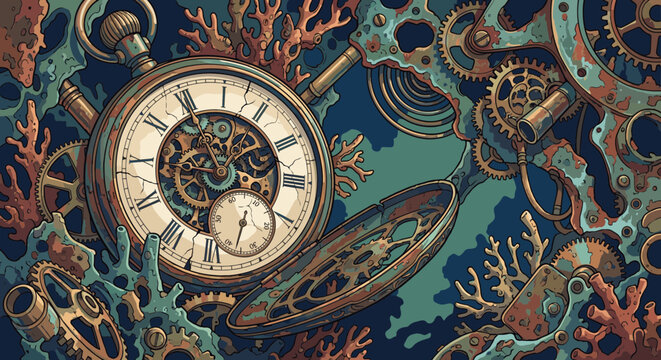 Steampunk Pocket Watch, antique vintage clockwork gears submerged among ocean coral seabed

