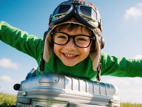 Young boy with aviator hat and goggles lies on suitcase. Kid smiles, arms outstretched like wings, dreaming of flying and adventures. Travel fun starts now.