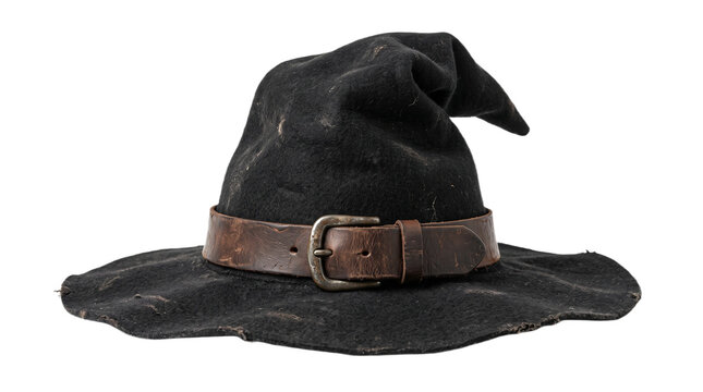 Witch hat isolated on transparent background cutout cut out png object design element clip art no alpha channel magic halloween costume wizard sorcerer leather belt buckle black felt fabric apparel