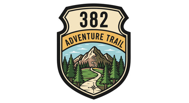 Adventure Trail 382 Badge Emblem with Mountain, Trees, and Winding Road - Outdoor Exploration