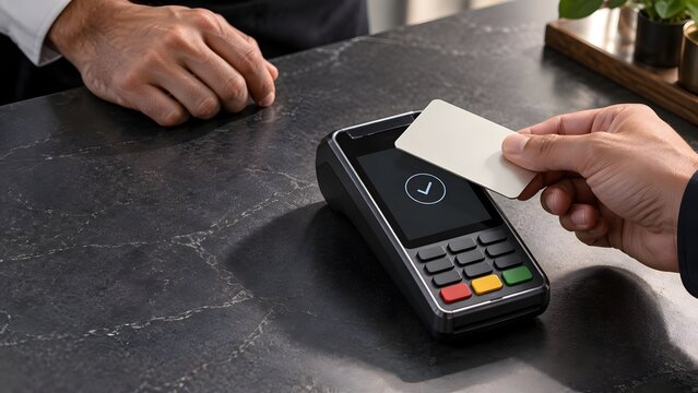 Successful point of sale transaction concept with hand tapping card on terminal displaying checkmark