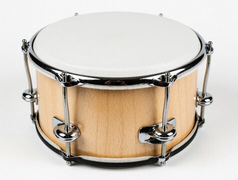 Small wooden tamborim drum with white synthetic head. Percussion instrument shown in studio close up. Object for rhythm music, samba, ethnic beats.
