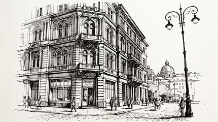 Fototapeta premium Detailed architectural sketch showing historic European urban street corner featuring ornate buildings and walking pedestrians