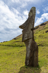 Moai Tukuturi at Rano Rarakuon easter island. Beautiful Moai Statues with beautiful blue sky in the background and green gras in the foreground  © Sven Taubert