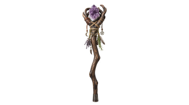 Wizard staff isolated on transparent background cutout fantasy wooden magic weapon with amethyst crystal stick witchcraft occult pagan wicca spiritual mystical prop costume accessory rune purple