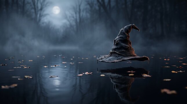 Mysterious sorting hat floating on dark misty lake at night