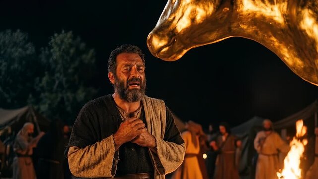 Moses Witnesses the Golden Calf Idolatry in a Dramatic Biblical Exodus Scene Symbolizing Betrayal Faith Judgment Covenant Repentance Obedience Divine Law and Spiritual Conflict in Ancient Israel