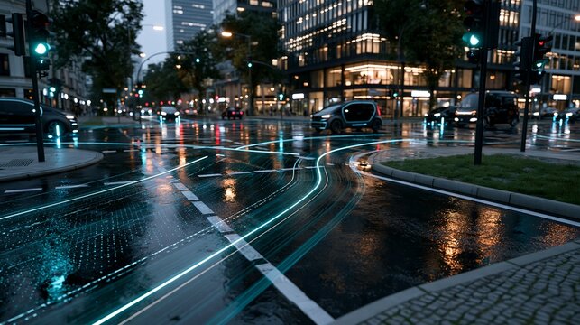Futuristic city intersection with glowing neon traffic light trails at night