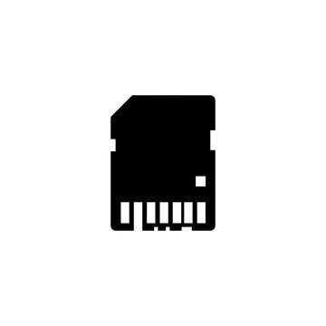 Black sd card vector icon representing digital data storage and electronic devices.