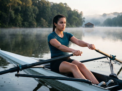 Middle Eastern rower in her 20s mid stroke in a single scull
