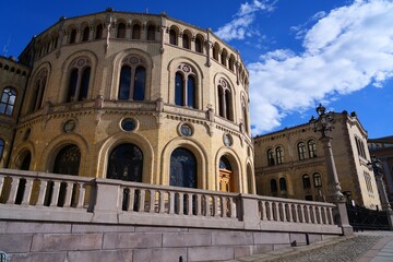 Fototapeta premium Parliament building Stortingsbygningen in Oslo, Norway. Storting, the Norwegian parliament.