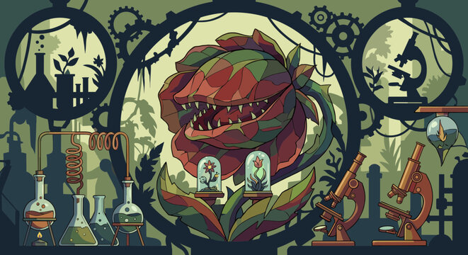 Carnivorous Plant Laboratory: Steampunk botanical science lab with mutant flytrap and chemistry flasks
