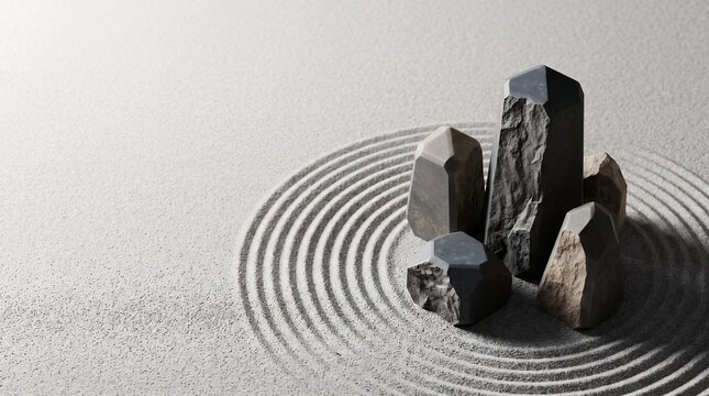 Zen stone sculptures in raked sand garden with copy space