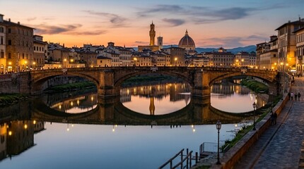 Obraz premium Florence cityscape at twilight with Ponte Vecchio and Arno River reflection