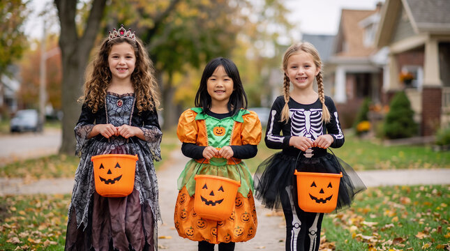 Three girls in princess, pumpkin and skeleton costumes carrying Halloween buckets while trick or treating in an autumn suburban neighborhood