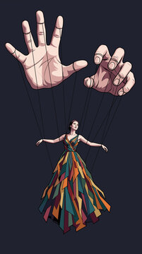 Puppet Master Concept: Giant hands controlling marionette dancer woman with strings over dark background
