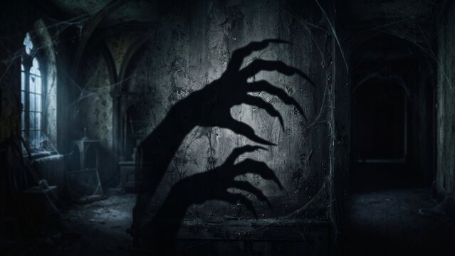 Spooky shadow of monster claws on a wall in a dark, abandoned gothic castle corridor. abstract background with flowing shapes and lines