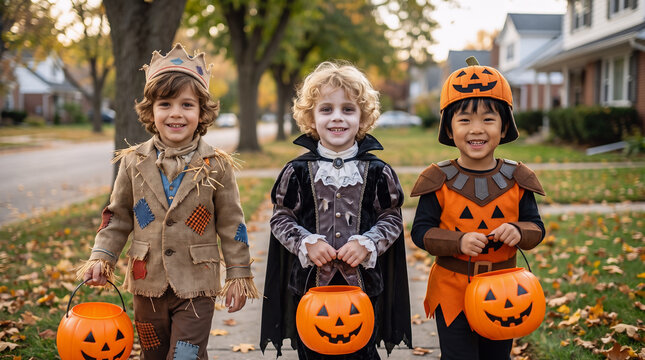 Three boys in scarecrow, vampire and pumpkin costumes carrying Halloween buckets while trick or treating in an autumn suburban neighborhood