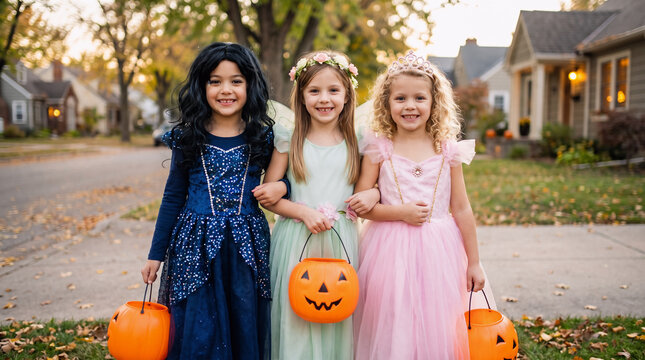 Three girls in blue princess, fairy princess and pink princess costumes carrying pumpkin buckets while trick or treating in a suburban neighborhood