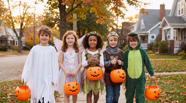 Five children in ghost, fairy, knight and dinosaur costumes carrying pumpkin buckets while trick or treating in an autumn suburban neighborhood