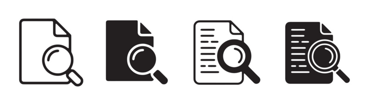 Document file search magnifying glass icon set features linear and solid styles for data research.