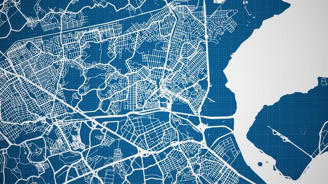 Ink reveal animation of Duque de Caxias city, Rio de Janeiro, Brasil (Brazil) grid map. Aerial top view. Blueprint style. White lines with blue background. 4K Seamless loop.