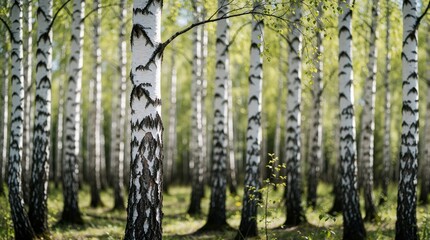 Fototapeta premium Birch tree trunks stand in a sunlit forest. Green leaves form a bright canopy above the woodland floor. Sunlight filters through the branches creating natural patterns.
