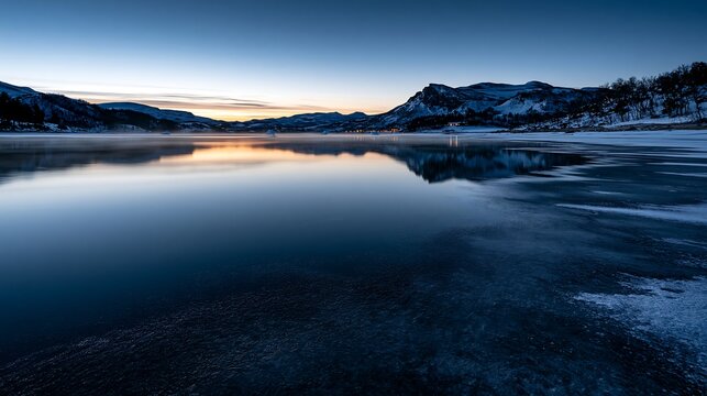 Serene winter landscape view with frozen lake water and snowy mountains