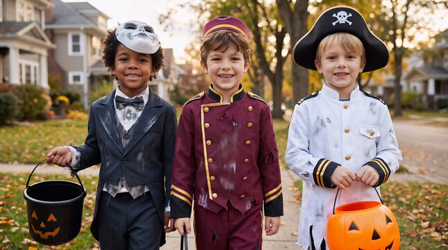 Three boys in masquerade, military officer and sailor costumes carrying Halloween pumpkin buckets while trick or treating in an autumn suburban neighborhood