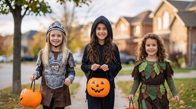 Three girls in knight, witch and woodland elf costumes carrying pumpkin buckets while trick or treating in an autumn suburban neighborhood