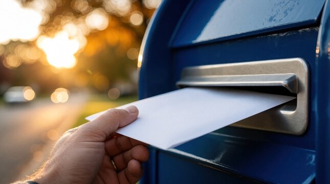Close up of person hand sliding white envelope into blue official mail ballot drop box. Voter participates in election process by submitting paper during early voting. Civic duty, democracy concept
