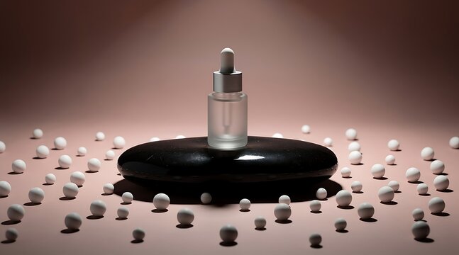 Minimalist beauty product presentation featuring a blank frosted glass dropper bottle for skin care serum on a smooth black stone podium surrounded by small white beads on a pink background