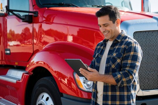 Hispanic man in plaid shirt uses tablet near red truck. He manages logistics and communicates with clients online, planning routes. Tech aids modern trucking profession.