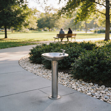 Public drinking fountain in a park, stainless steel water station beside green shrubs, blurred figures on a bench