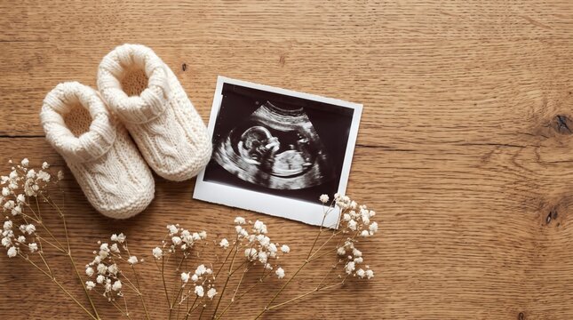 Newborn ultrasound with tiny booties and baby's breath on wooden table, copy space